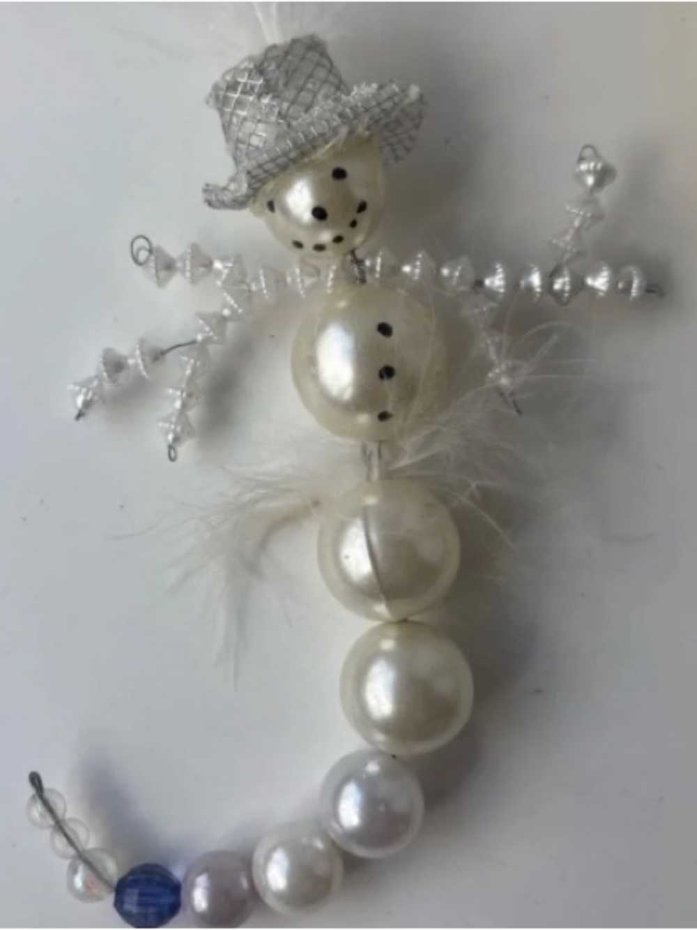 Pearl Bead Snowman Holiday Pillow Ornament - White and Silver Accent